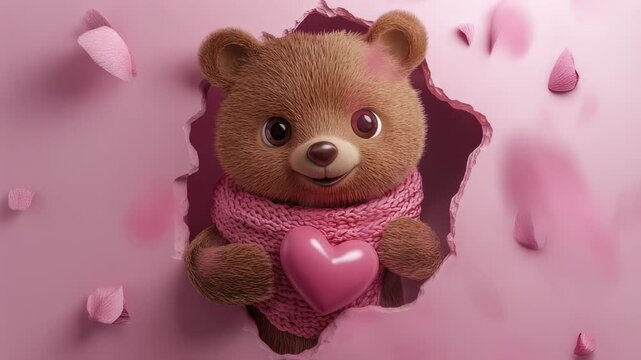 Charming teddy bear bursting through a pink wall holding a heart shape