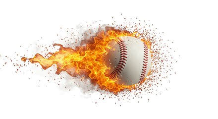 Baseball on fire flying at high velocity with fiery trail and particles