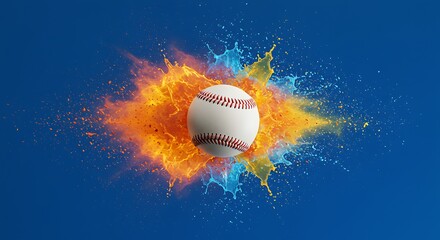 Baseball impact with vibrant color splashes in motion on blue backdrop