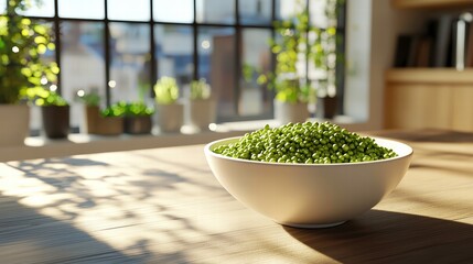 A bowl filled with mung beans, showcasing a nutrient-dense ingredient used in healthy cooking and a balanced diet.