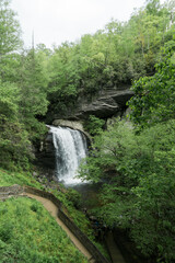 Looking Glass Falls and rocky pool surrounded by vibrant trees