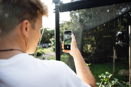 Tourist taking photo of bird with smartphone at the zo