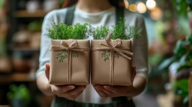 Hands Presenting Twin Potted Green Plants Wrapped as Gifts with Decorative Bows