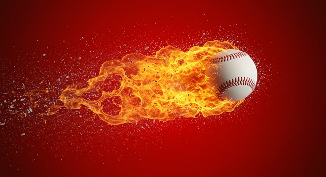Flaming baseball on red background speed energy and intense action
