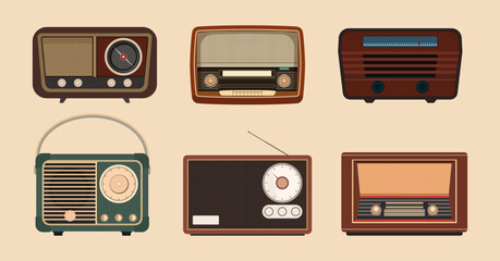 A set of vintage and retro radios in various iconic styles. Classic radio receivers with knobs, antennas, and wood textures. Ideal for nostalgic, retro tech, or antique electronics themes