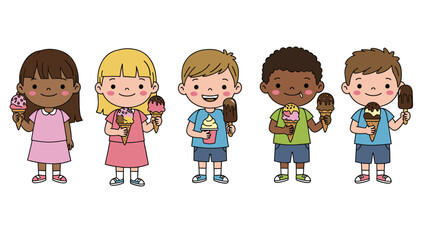 Diverse Children Enjoying Ice Cream Cones and Bars - Cartoon Illustration