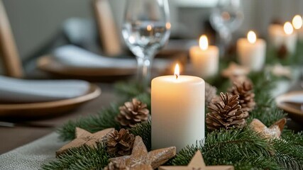 Elegant Christmas Table Setting with Candles, Pinecones, and Wooden Stars - Powered by Adobe