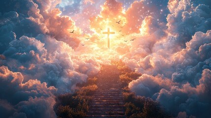 A stairway ascending toward the heavens, with a glowing cross at the summit and doves soaring in the radiant sky.