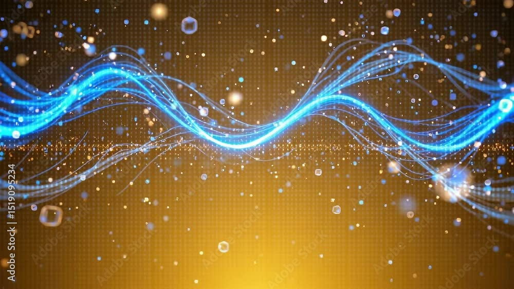 Poster abstract waveform with glowing blue light and sparkling particles on a golden background for modern 