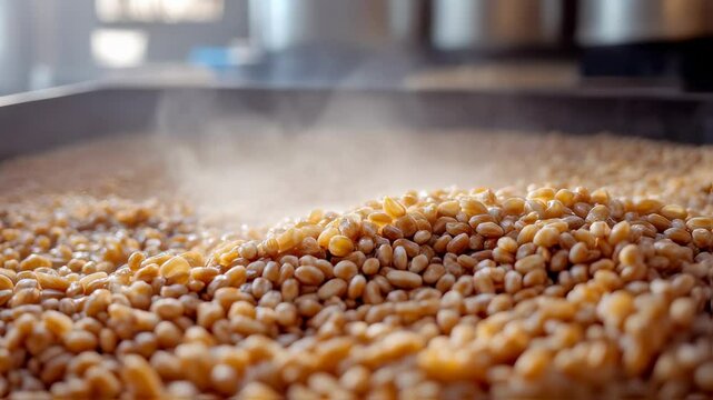 Close-up capturing the processing of malted barley in an industrial setting