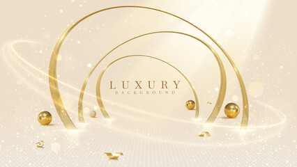 Luxury cream background with golden frame lines elements and neon light effect decoration, curves and bokeh with realistic 3D golden ribbon and ball elements.