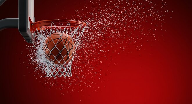 Basketball scores goal with water splash on red background action shot