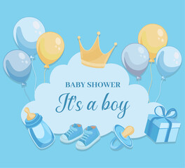 Baby shower greeting card with blue yellow flat illustrations Its a boy