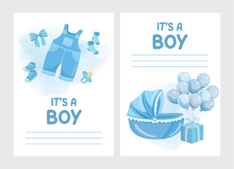 Cute its a boy greeting card with blue baby clothes and baby stroller balloons presents