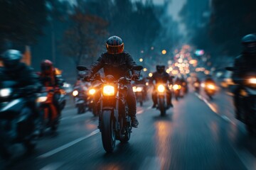 Motorcyclists with helmets navigating through early morning urban traffic in speed