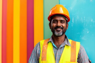Cheerful Indian male laborer in safety gear posing confidently, vivid multi-colored patterned backdrop