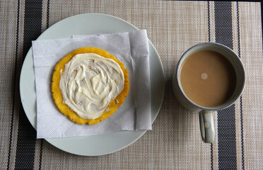 Typical Costa Rican breakfast: tortilla with custard and coffee or tortilla con natilla