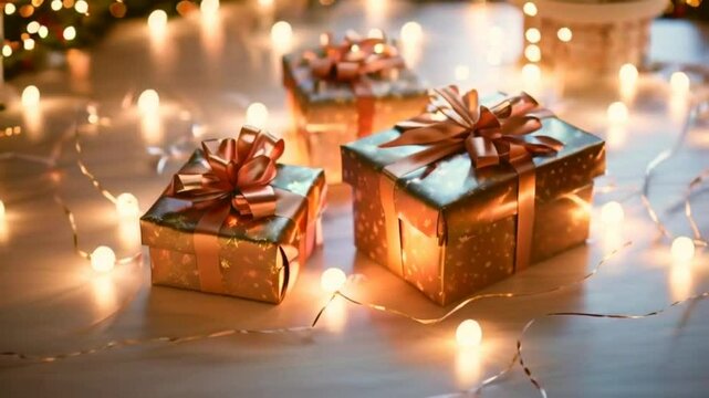 Three wrapped gifts with bows surrounded by glowing fairy lights, creating a festive and warm atmosphere.