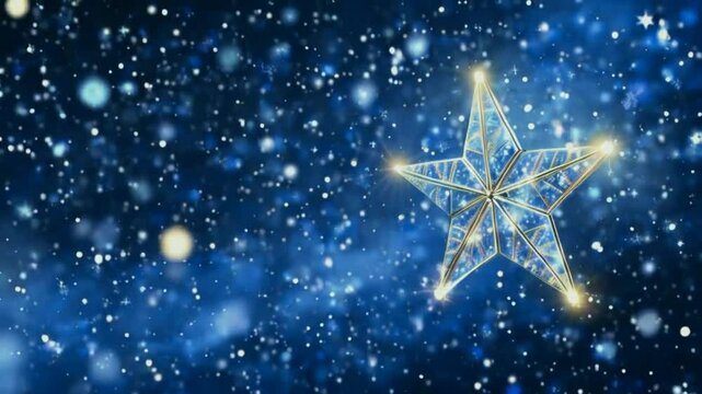 A shimmering Christmas star against a backdrop of sparkling blue snow.
