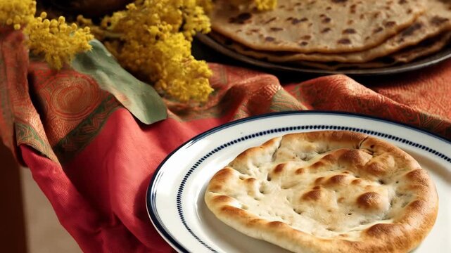 Traditional flatbreads and soup served on an ornate red textile, with mimosa sprigs for presentation, shot in soft natural light