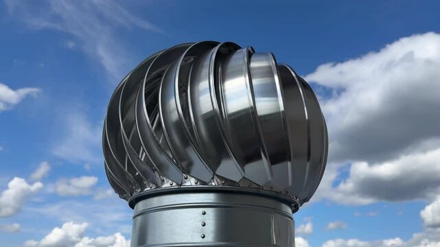 Close-up of a Wind-Driven Turbine Roof Ventilator on a Modern Building Against Blue Sky with Clouds. Ventilation deflector