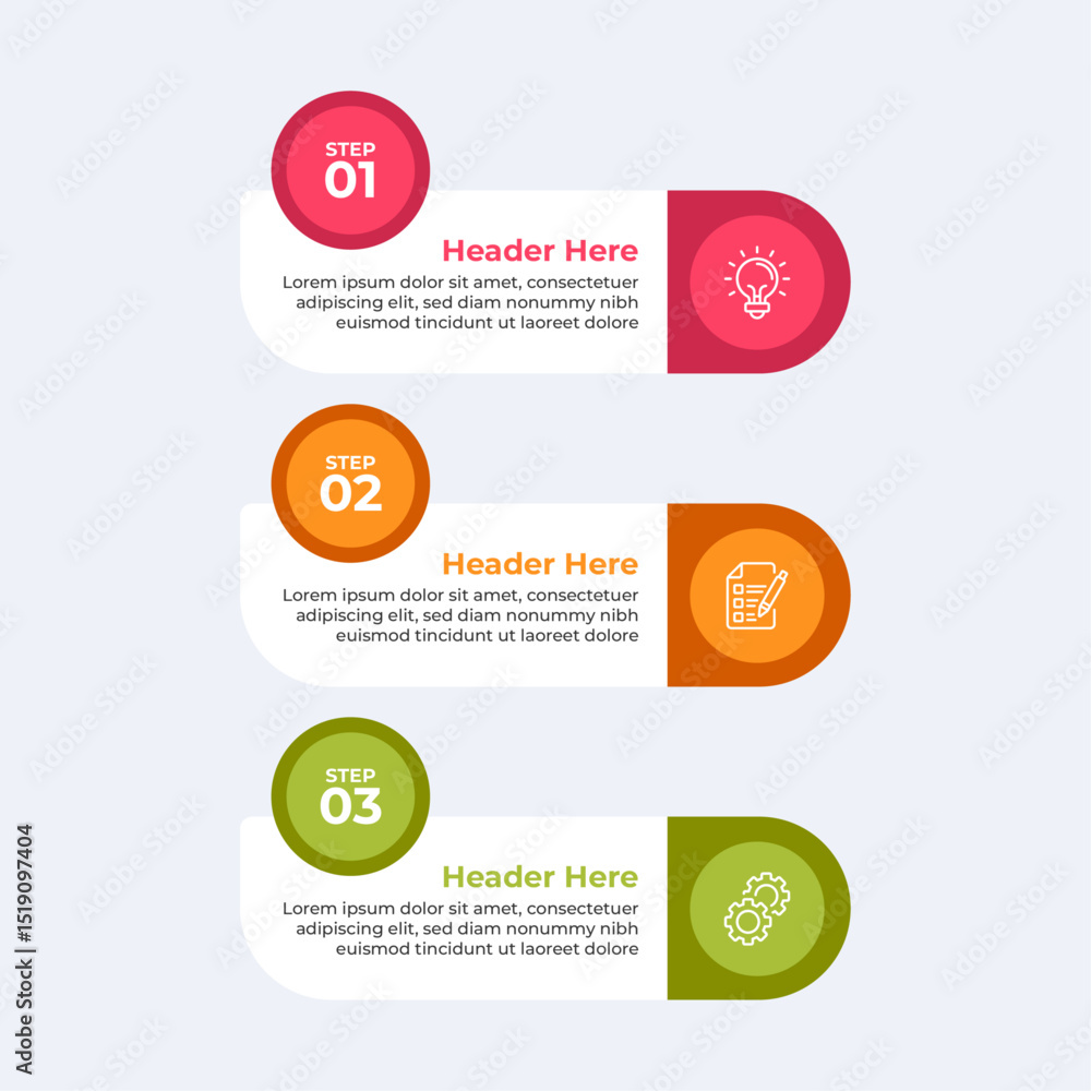 Poster three colorful circles with icons and text.