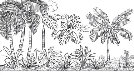 Black and white illustration of tropical plants