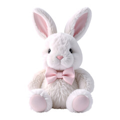 Obraz premium Cute Bunny Plush: A cuddly, plush bunny with delicate pink details, dressed in a charming bow tie, brings a touch of whimsy and warmth, evoking feelings of comfort and joy.