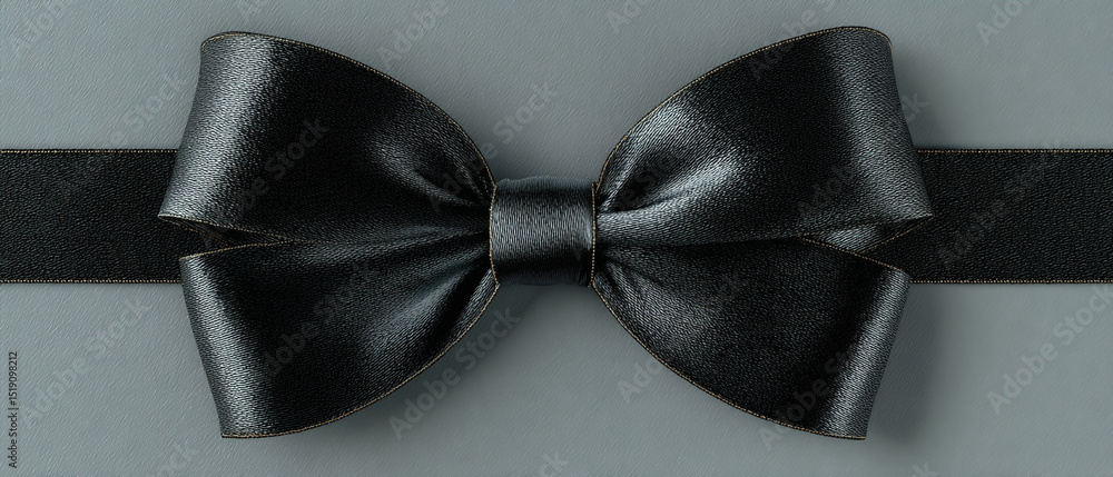 Poster a close up of a shiny black ribbon tied in a bow on a light gray background in a horizontal composit