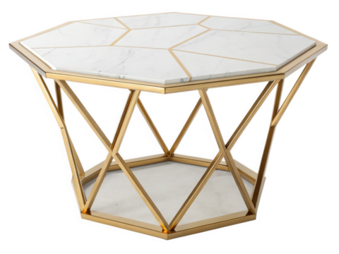 Octagonal Gold Metal Frame Coffee Table with White Marble Top - Modern Geometric Design