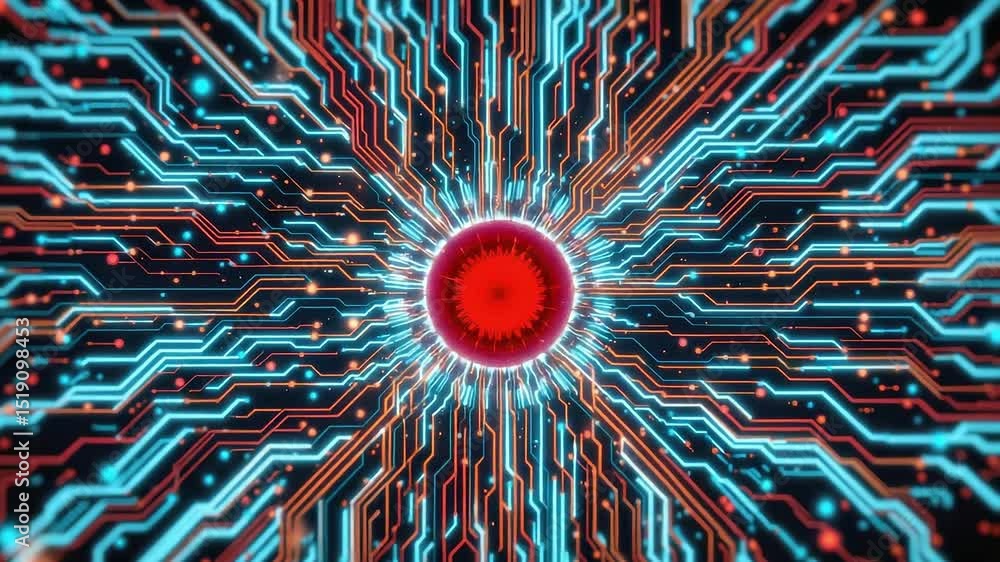 Poster abstract digital illustration of glowing circuits with a central red core radiating lines in blue an