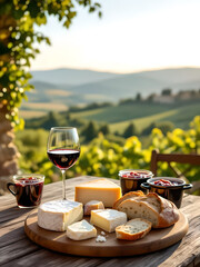 Gustoso tagliere di formaggi  e calice di vino rosso su un tavolo rustico in una terrazza su di un antico paesaggio medievale
