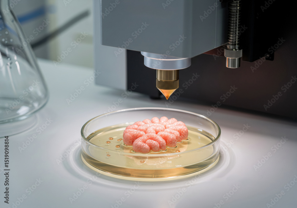 Poster 3d bioprinting bio-engineered tissue on a petri dish from a laboratory machine nozzle. advanced medi