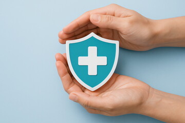 Human hands holding a medical plus sign with a shield icon, symbol of protection and health care, Ideal for medical insurance and security concepts, isolated on light blue background