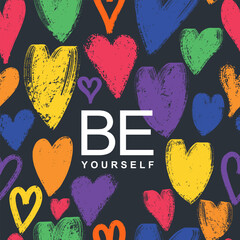 Seamless background rainbow heart love Pride Month. Multicolor LGBT. Love is Love, Be Proud, Be Yourself. Template wrapping present gift paper. LGBTQ+ brush stroke vector seamless pattern.