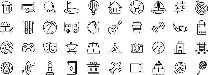 Hobby Icon Set, outdoor icon set, Featuring Popular Leisure Activities and Creative Pastimes in Flat Design, line icon