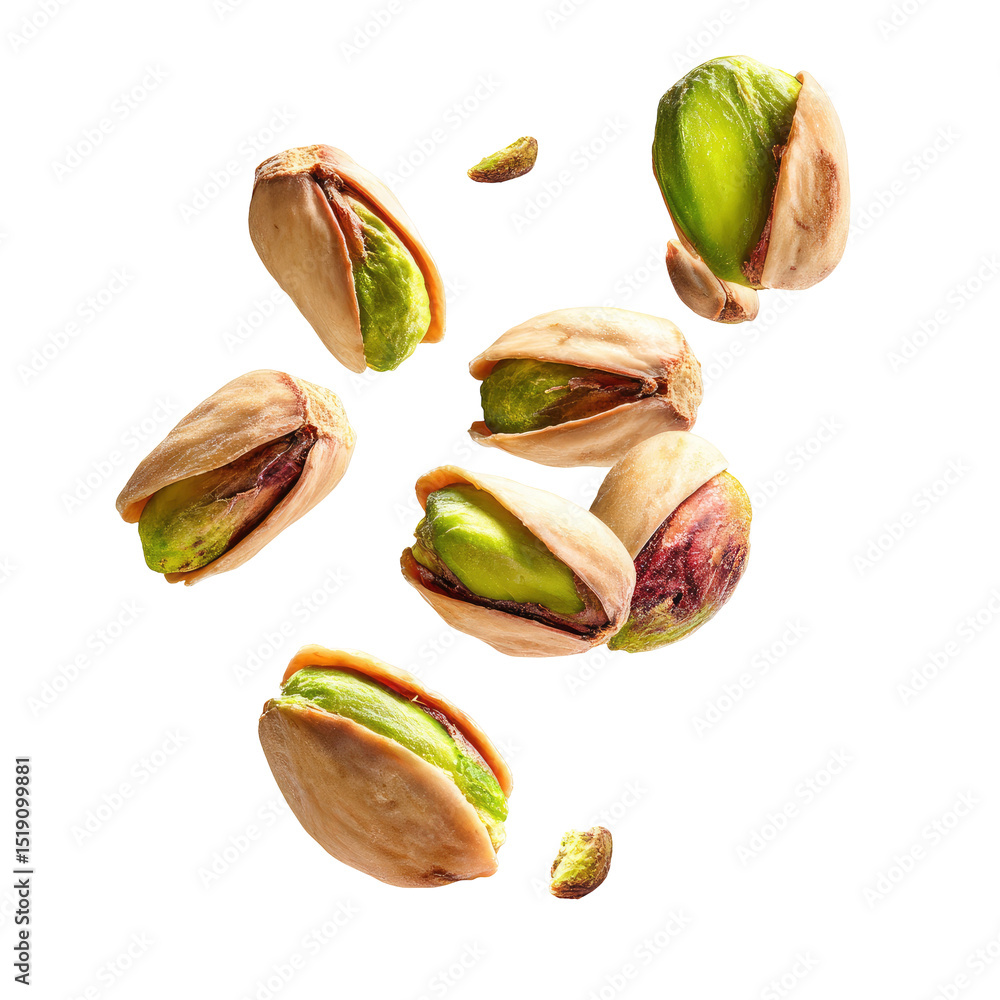 Poster floating pistachios with shells and green kernels on transparent background for design projects