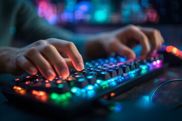 Fototapeta premium Hands typing on a mechanical keyboard with vibrant RGB backlighting
