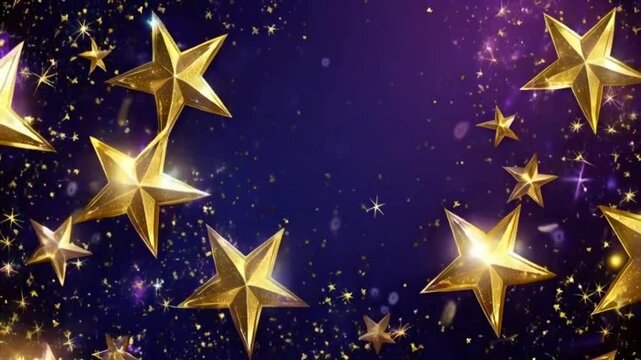 Golden stars shimmer against a dark blue and purple background, creating a celestial scene.