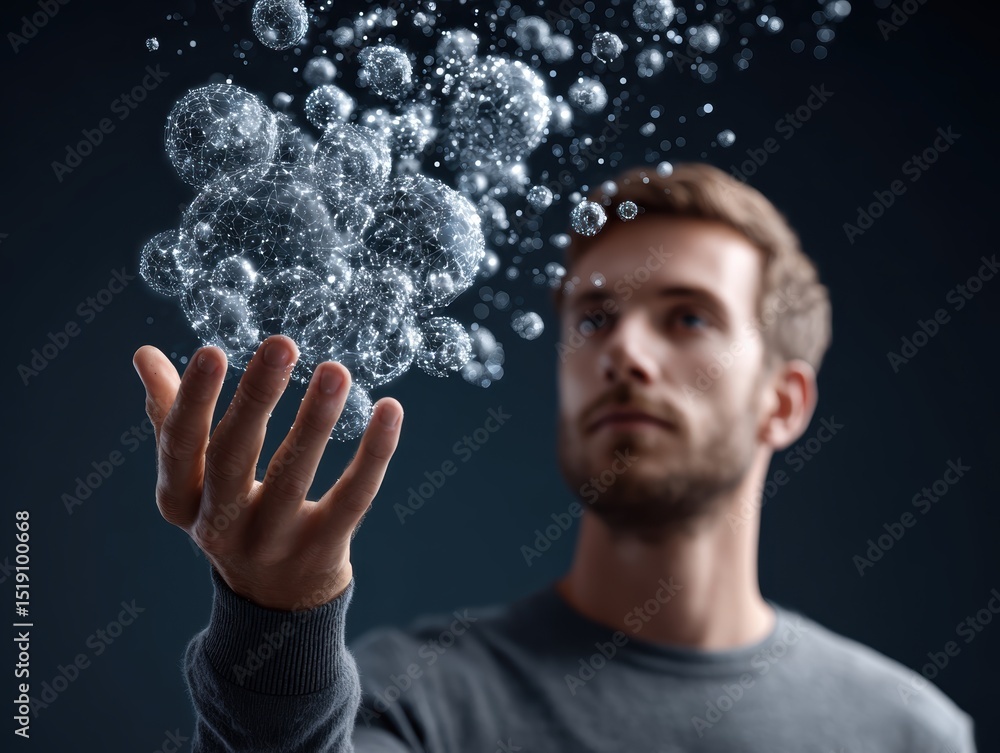 Poster a focused individual interacts with an abstract digital visualization of dynamic spheres in a sci-fi