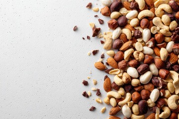 A close-up view of mixed nuts showcasing rich textures and earthy tones, highlighting healthy eating and plant-based protein options.