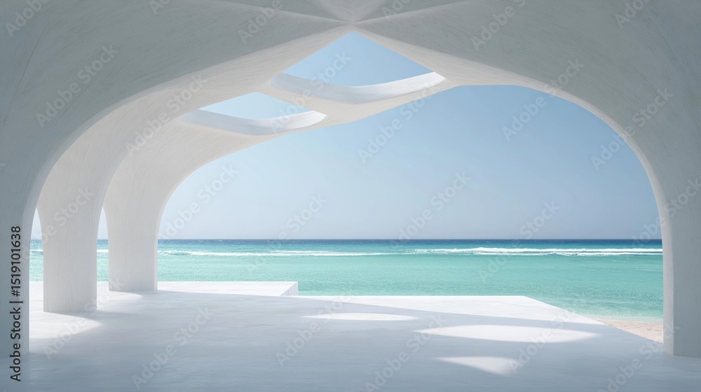 Poster empty room with a beautiful view of the ocean. the room has a white ceiling with a curved archway th