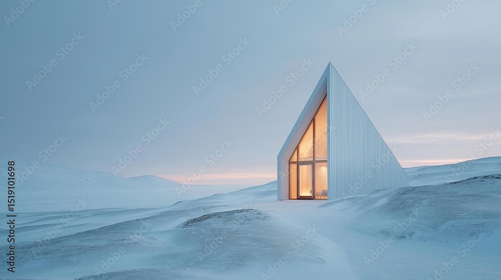Poster small white building with a triangular roof on top of a snowy mountain. the building appears to be a