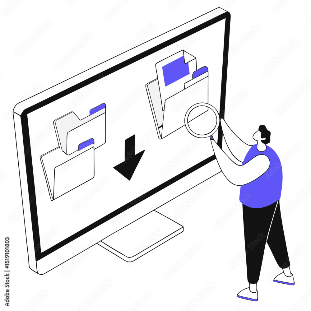 Poster Isometric view of a person using a magnifying glass on a computer screen showing file transfer process