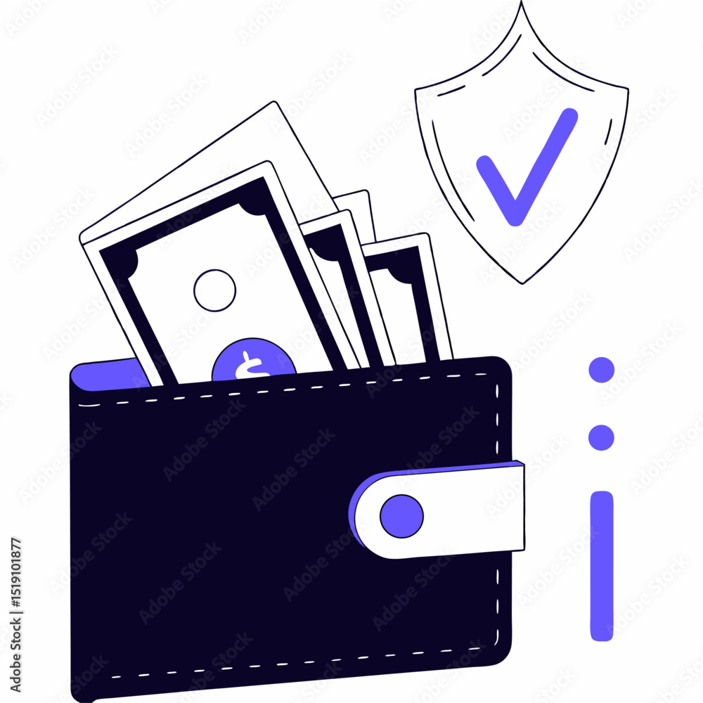 Poster illustration of a wallet filled with money and a shield with a checkmark representing security