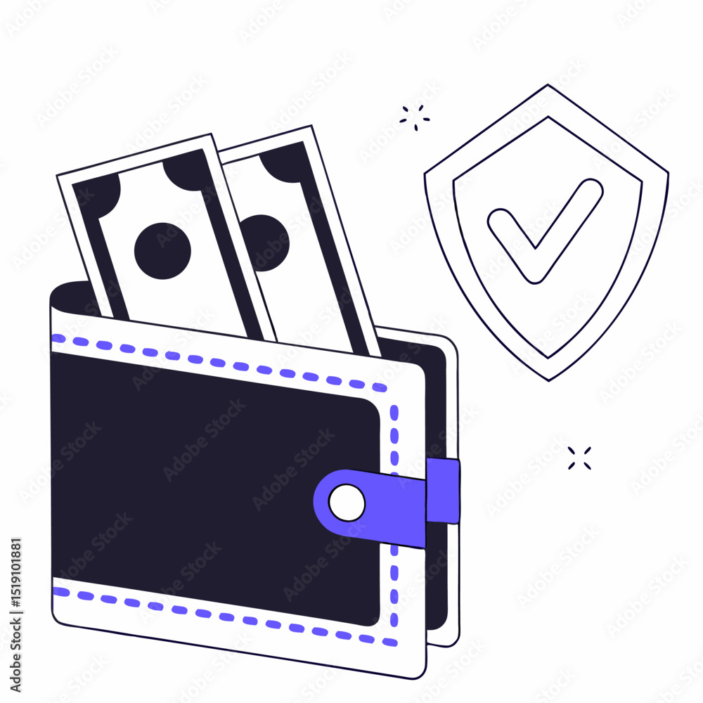 Poster wallet with money and a shield with a check mark representing secure financial transaction system