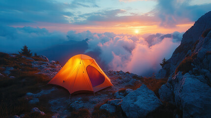 Glowing tent on mountaintop at sunset with dramatic sky