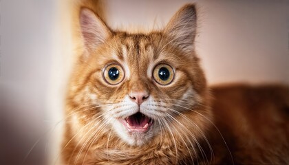 Expressive Ginger Cat Staring Intently in HighResolution Closeup, Wide Eyes and Open Mouth, Radiant Feline Portrait Capturing Intense Emotion and Vivid Curiosity.
