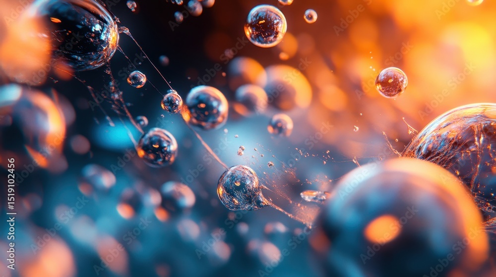 Poster macro photo of water droplets on spiderweb threads with bokeh. use it for a science, nature, or abst