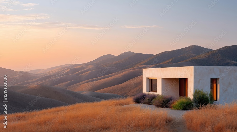 Aufkleber small white building with two windows and a door on the right side, situated on a hilltop. the build
